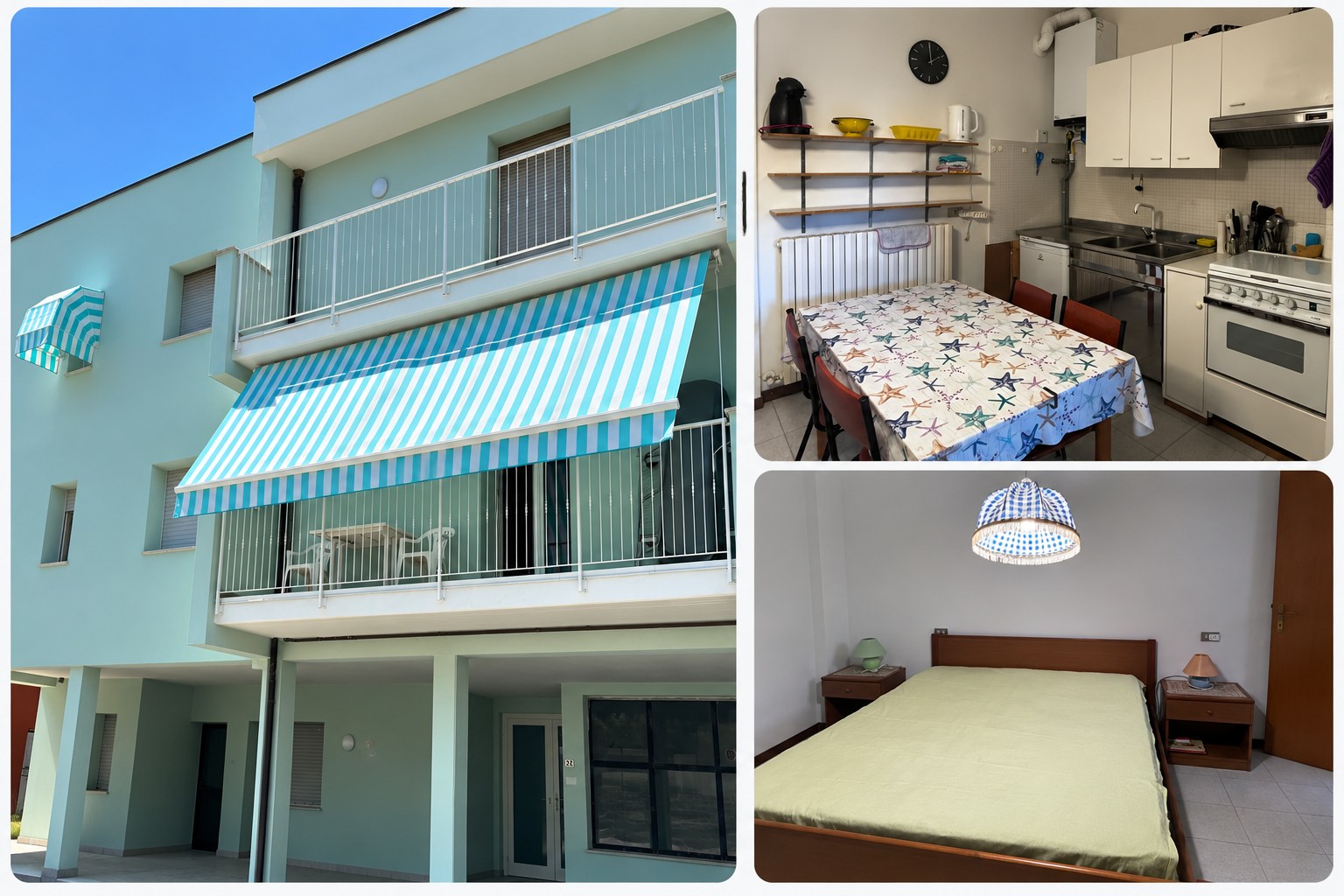 Collage der Ferienwohnung mit Haus, Küche und Schlafzimmer